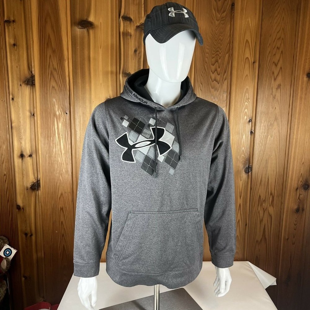 UA Under Armour Hoodie Sweatshirt Pullover Mens Medium Loose Argyle Logo Grey - Picture 2 of 10